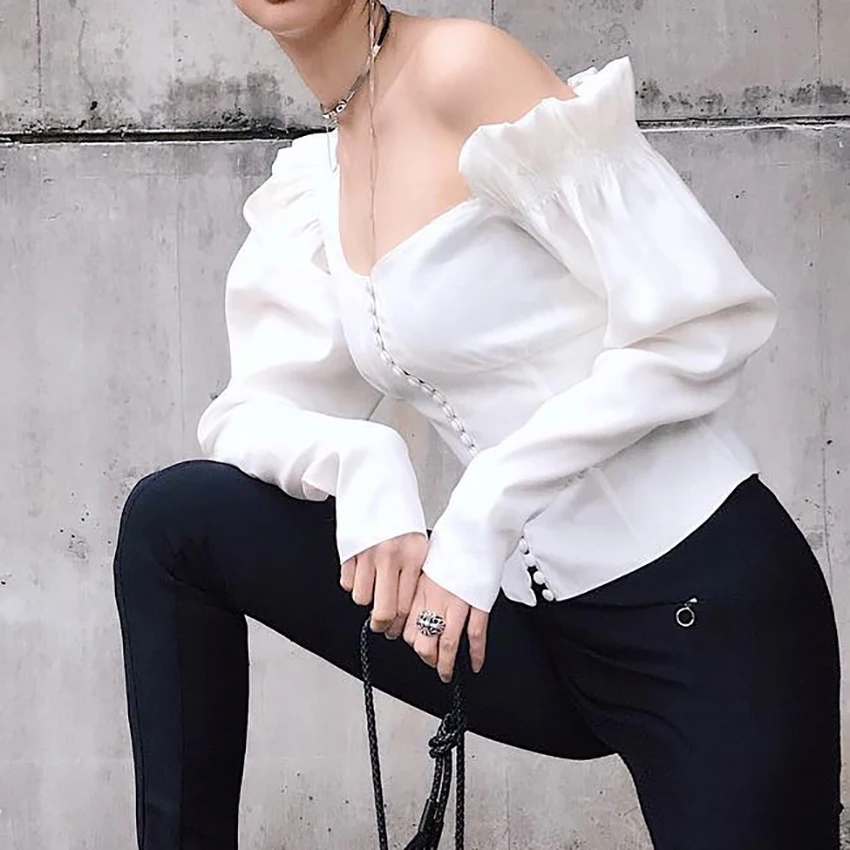 OOTN одно плечо Асимметричный белая блуза Топ Для женщин пикантные рубашки с
