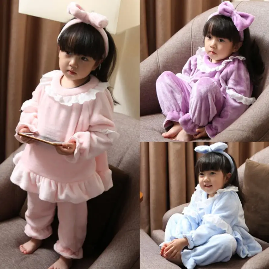 

Winter new baby girl lace fashion fleece sleeping suit children princess long sleeve flannel pajamas sets free headband ws167