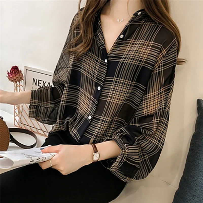 

Autumn Chic Plaid Shirts Women Batwing Sleeve Chiffon Blouses Casual Chemise Femme Tops Plus Size Tartan Blusas Mujer M-4XL