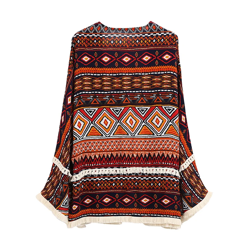 Boho Summer Casual Blouse Plus Size Women Top Multicolor Print Flare Sleeve Kimono Tassel Ladies Blusas Mujer Beach Long |