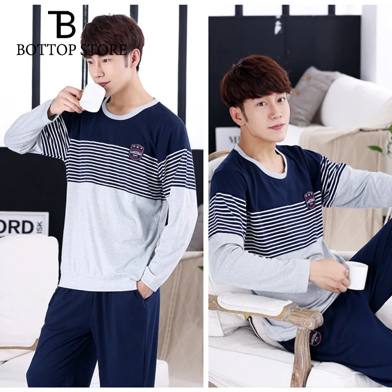 Хлопковая пижама Мужская одежда для сна в полоску молодежи Осень зима