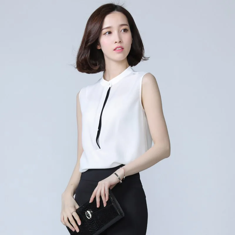 

2018 OL Office Work Wear Women Spring Summer Style Chiffon Blouses Shirts Lady Casual O-Neck Sleeveless Blusas Tops DF1766