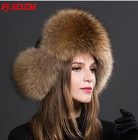pj sdzm luxury fox fur hat women winter warm ear protection hat top waterproof cloth cap large fur bomber hats