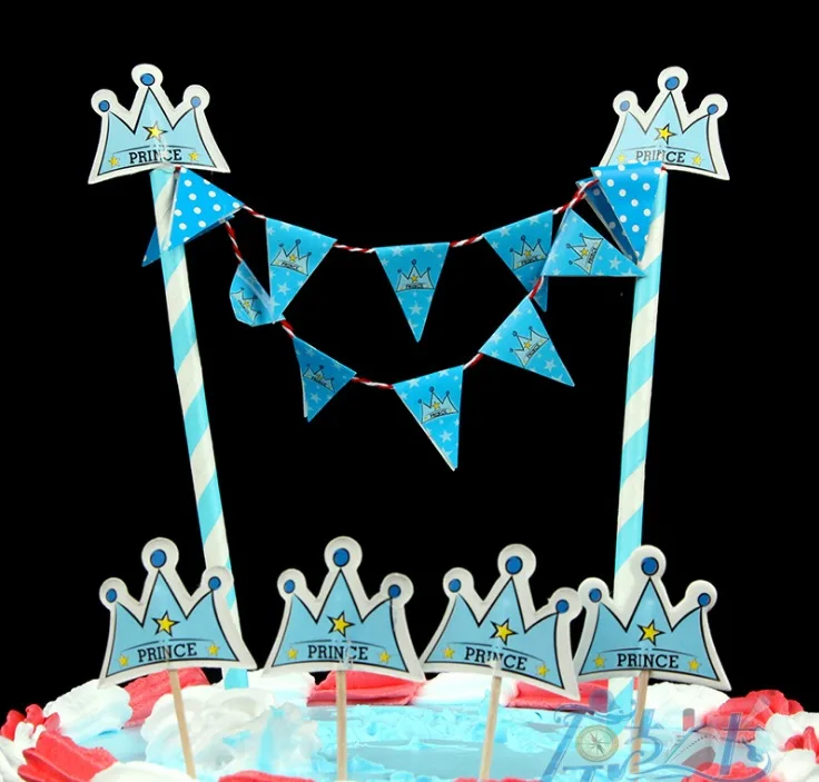 Синий Принц Корона Звезда Дизайн Торт deocration флаг для дня рождения ребенка душ