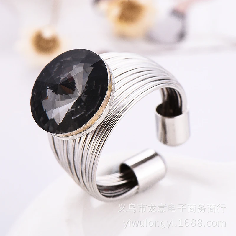 

2019 New Arrival Alloy Silver Color Big Gray crystal Rings For Women Jewelry Beautiful Finger Open Rings to Party Fashion Gifts