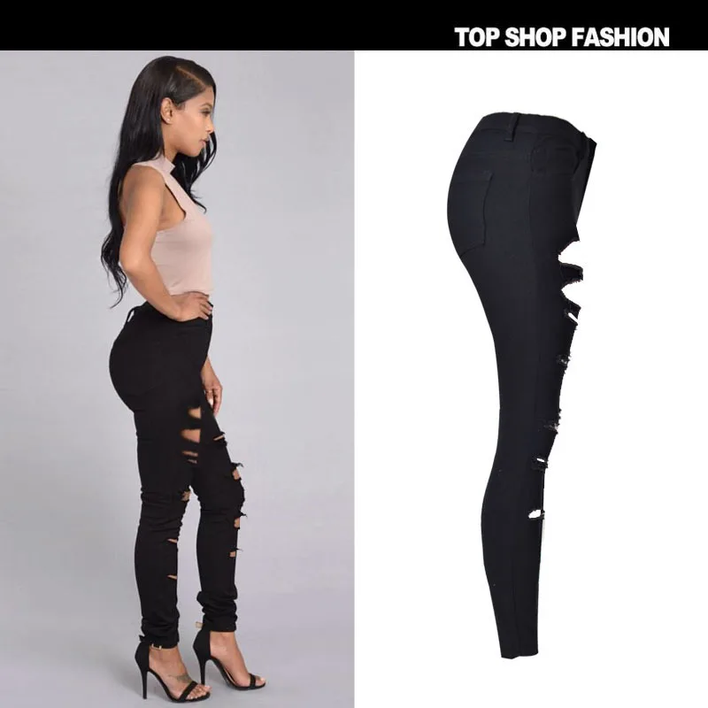 

Black irregular Woman Jeans Long Pants Fashion Sexy High Waist Slim Fit Skinny Holes Women Pencil Pants Plus Size Tight Trouser