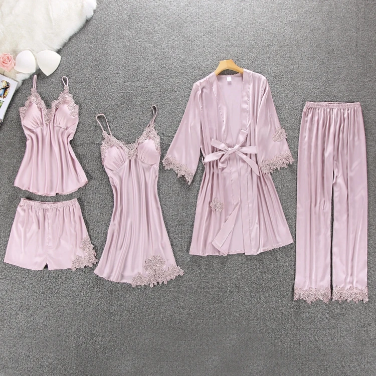 5PC Pink Женские пижамы, 4 шт. и 5 шт., атласная пижама, шелковая Домашняя одежда, вышивка, Пижама для сна, для отдыха, пижама с подушками на груди, пижамный комплект - Цвет: 5PC Pink