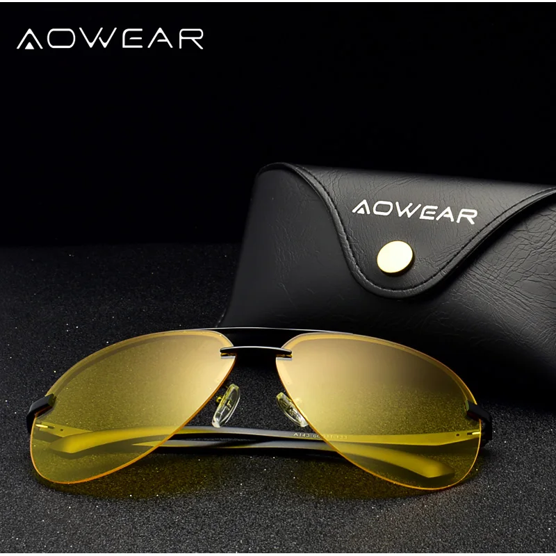 AOWEAR, без оправы, очки для ночного вождения, солнцезащитные очки, мужские, поляризационные, HD, очки для ночного видения, мужские, UV400, желтые, солнцезащитные очки, Gafas De Sol