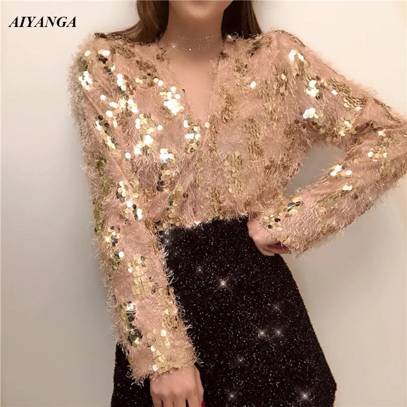 

Куртка женская, с золотыми блестками, из искусственного меха, 2019