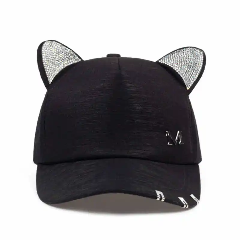 Черный Новинка, Женская Бейсболка meow, лето-осень, черная, белая, розовая, кошачьи уши, кепка с кольцами и кружевами, милая шапка для девочки - Цвет: Черный