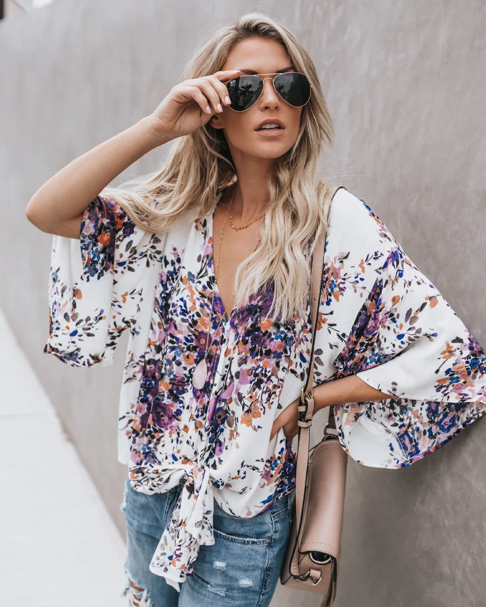 Fashion Womens Flower Casual Loose Long Flare Sleeve Shirt V-Neck Blouse | Женская одежда
