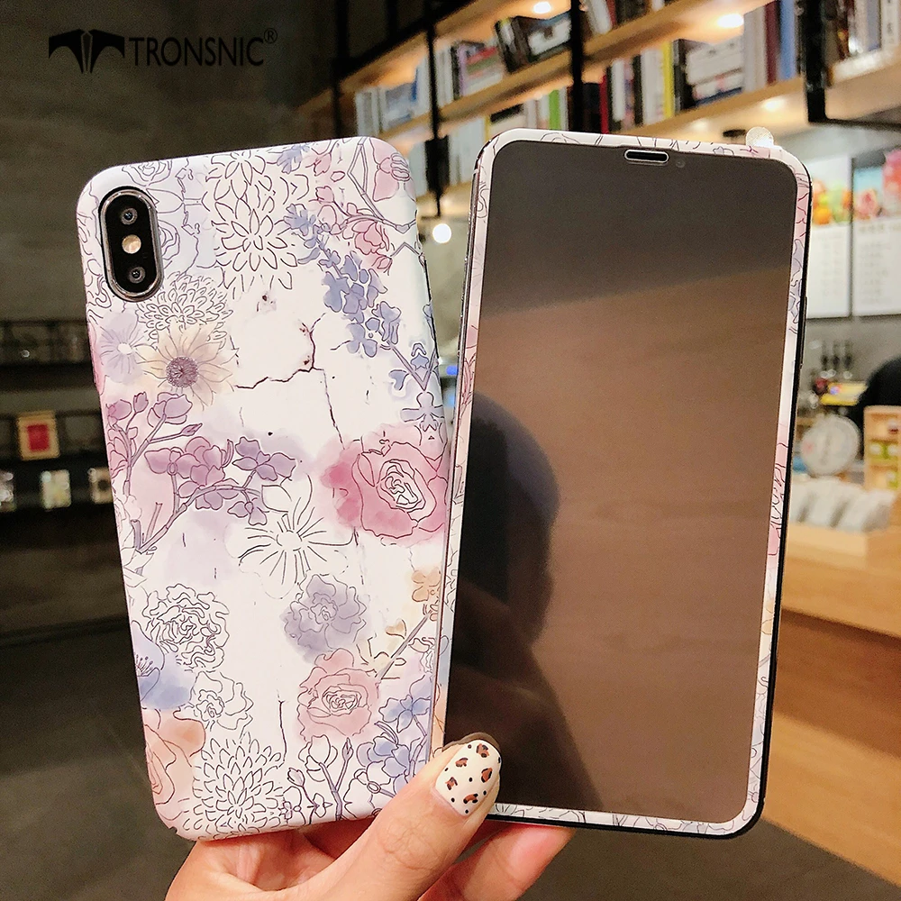Чехол для телефона TRONSNIC с цветочным рисунком для iPhone X XS MAX XR, синяя розовая пленка из закаленного стекла для iPhone 6, 6 S, 7, 8 Plus, Роскошный Жесткий матовый чехол