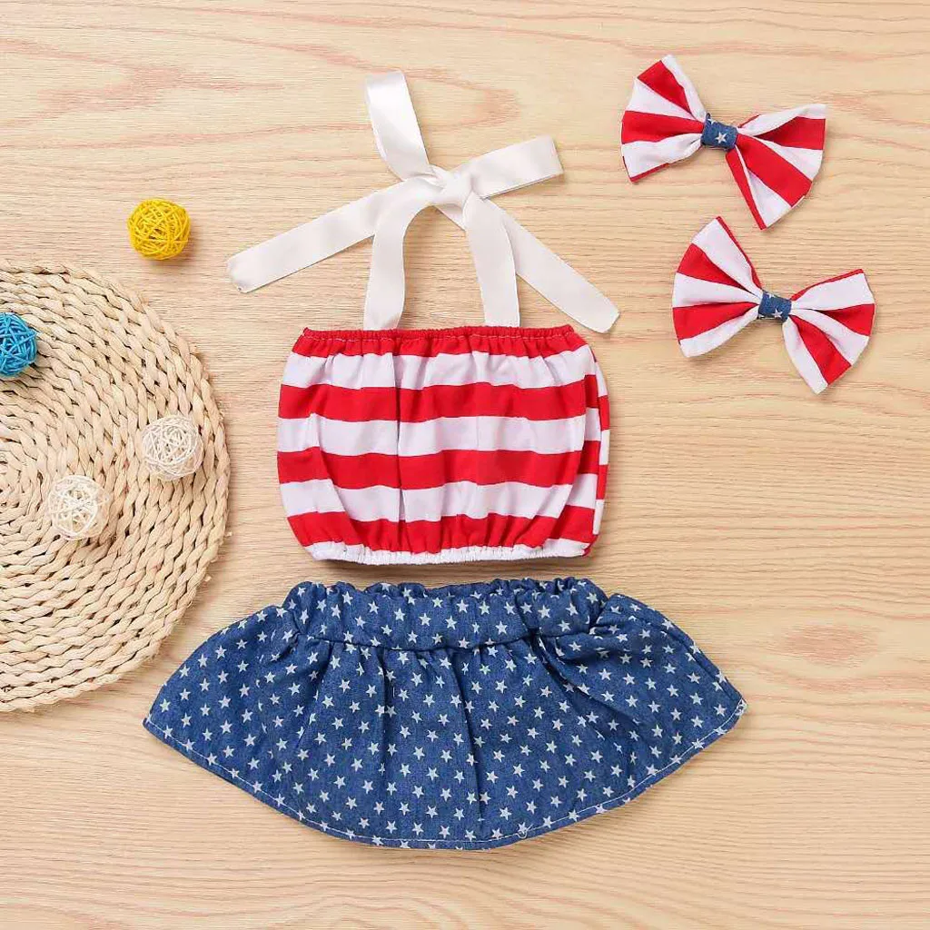 Детские топы в патриотическую полоску с бантом для малышей 4 июля шорты + повязка