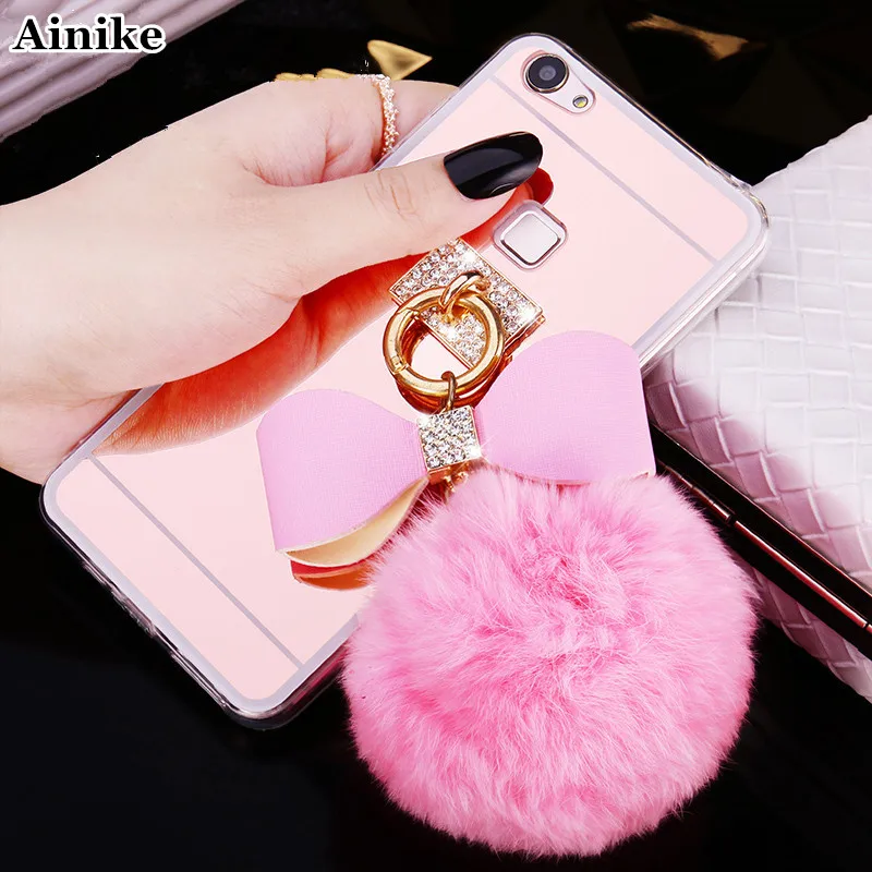 Ainike Soft Rabbit Fur Ball Bowknot Bling Diamond Tassel Mirror TPU Phone Cover Case For Vivo U1 Z3X Y91 Y85 Y73 Y66 Y31 X30Pro |