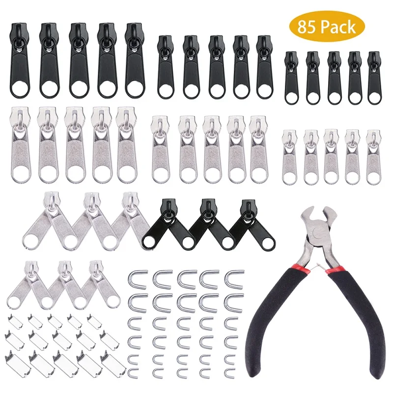 Zippers And Plier 85 шт. закрытого конца смолы молния тяговое кольцо Замена Мгновенный ремонт молния головы швейная сумка кошелек одежды аксессуары ремесла комплект - Цвет: Zippers And Plier