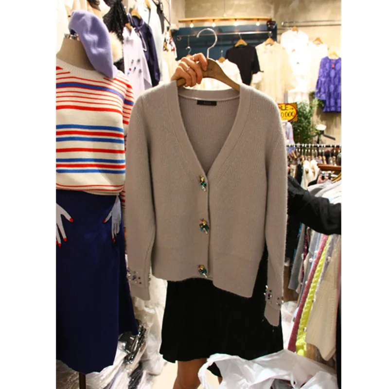 High Quality Diamond-studded V-Neck Ladies Cardigan Autumn Winter Knitted Sweater Women Short Cropped Tops |