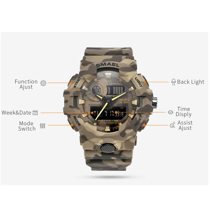 Для мужчин часы белый Dual Time SMAEL Спорт Часы Будильник 8001 Военная Униформа армии наручные часы водонепроницаемые мужские часы relogio masculino
