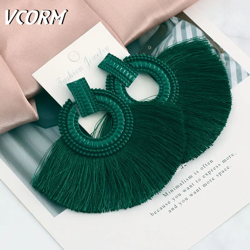 Green VCORM новые модные богемные серьги с кисточками, большие висячие серьги для женщин, роскошные винтажные длинные висячие серьги с кристаллами, Женские Ювелирные изделия - Окраска металла: Green
