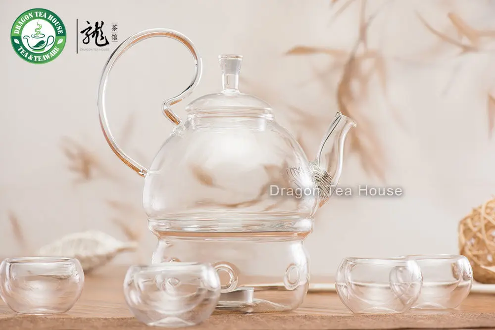 Чайный сервиз из прозрачного стекла чайник с фильтром подогревателем и четырьмя