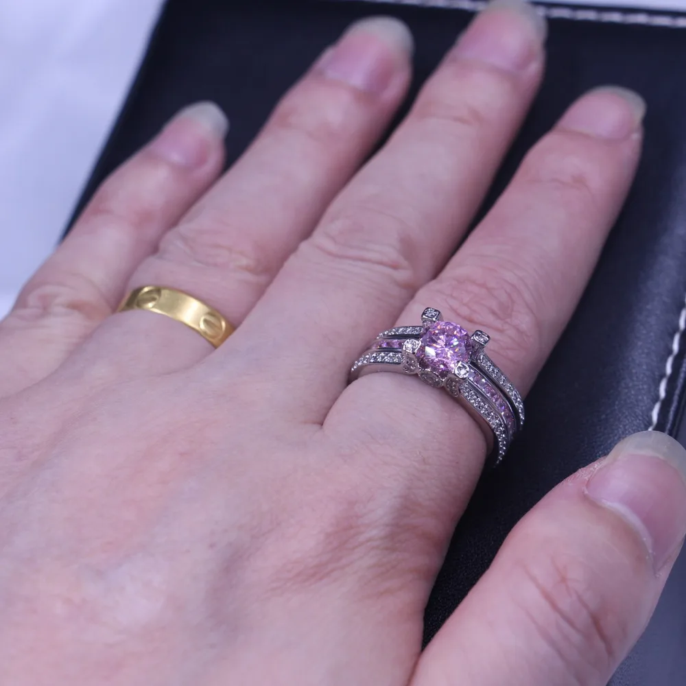 Luxury Jewelry wedding band rings for women men 3ct Pink 5A Zircon Cz 925 Sterling silver Birthstone Female Ring bridal set Gift | Украшения