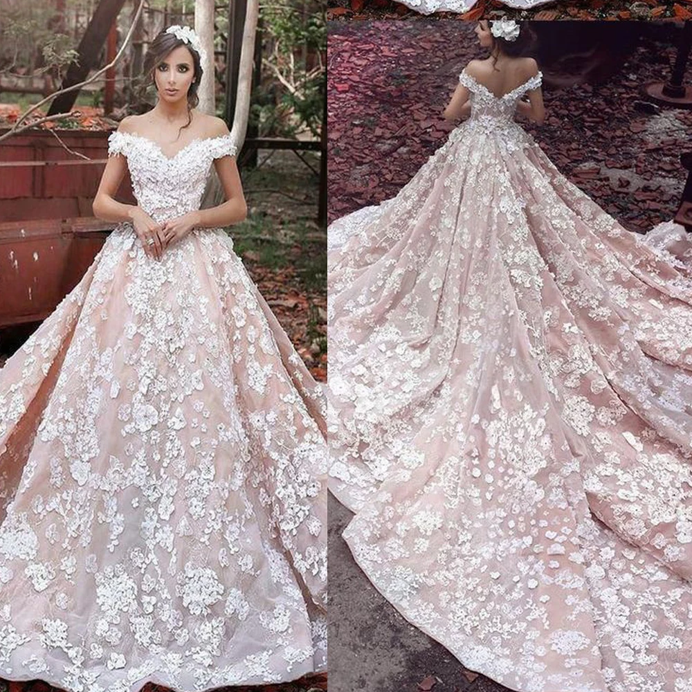 Goedkoop Kant Trouwjurken 2019 Off De Schouder Sweetheart Kant Applicaties Handgemaakte Bloemen Kapel Trein Champagne Bridal Jurken