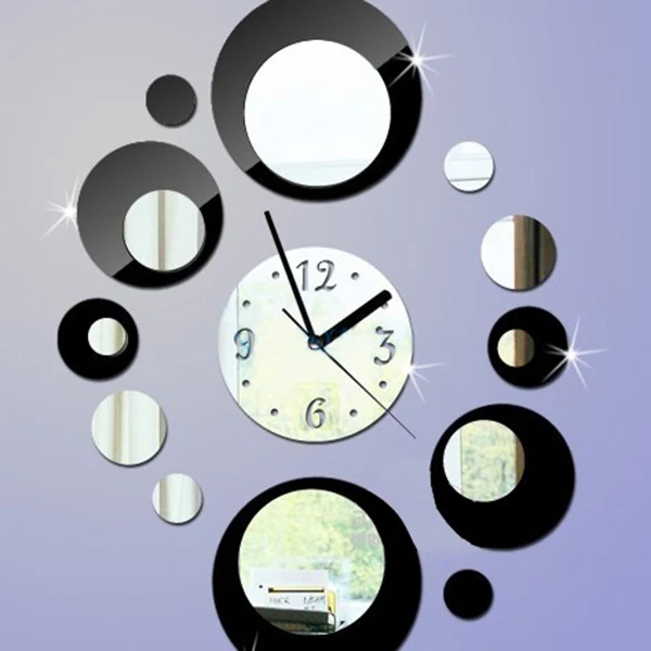 DIY Circles Acrylic Mirror black Silver Wall Clock Mural Decal Sticker Movement* | Дом и сад