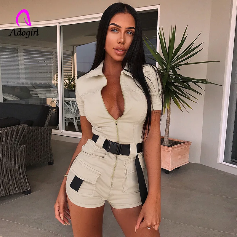 Adogirl летние женские комбинезоны комбинезон на каждый день спереди шорты с застежкой "молния" брюки карго рубашка комбинезон женский хаки комбинезон