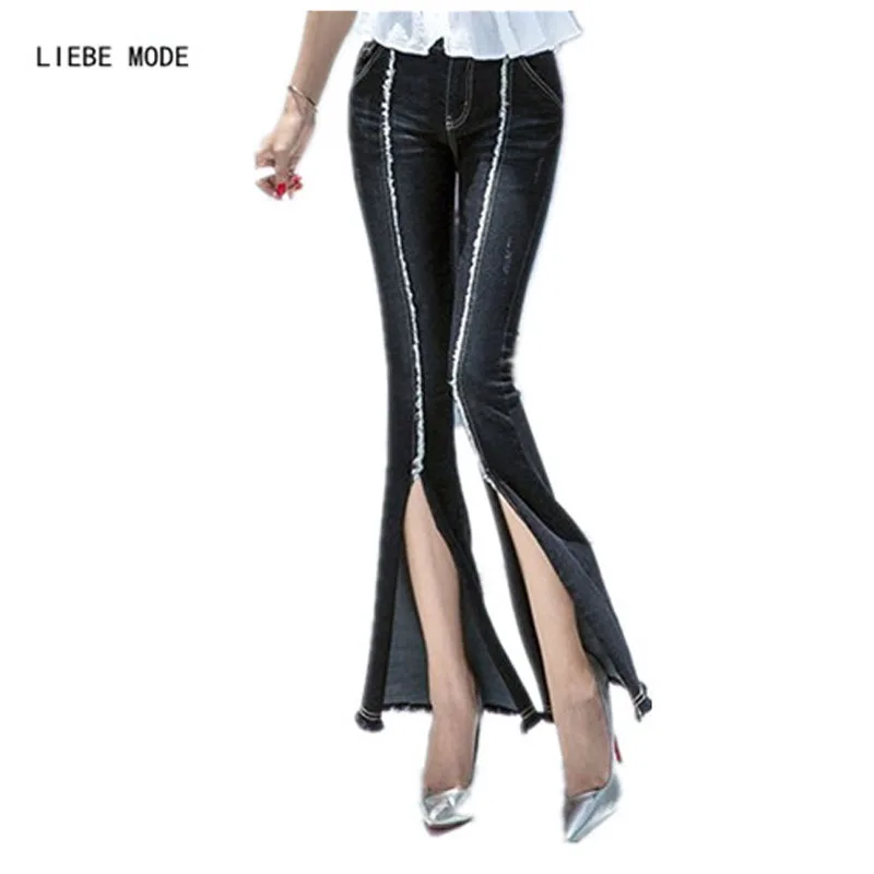 Для женщин середины талии Тонкий Flare Джинсы для женский черный Модные сезон: