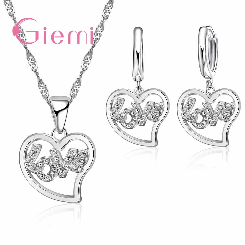 

New Fashion Earrings Necklace Pendant Heart+Love Alphabet Cubic Zircon Pretty 925 Sterling Silver Jewelry Sets