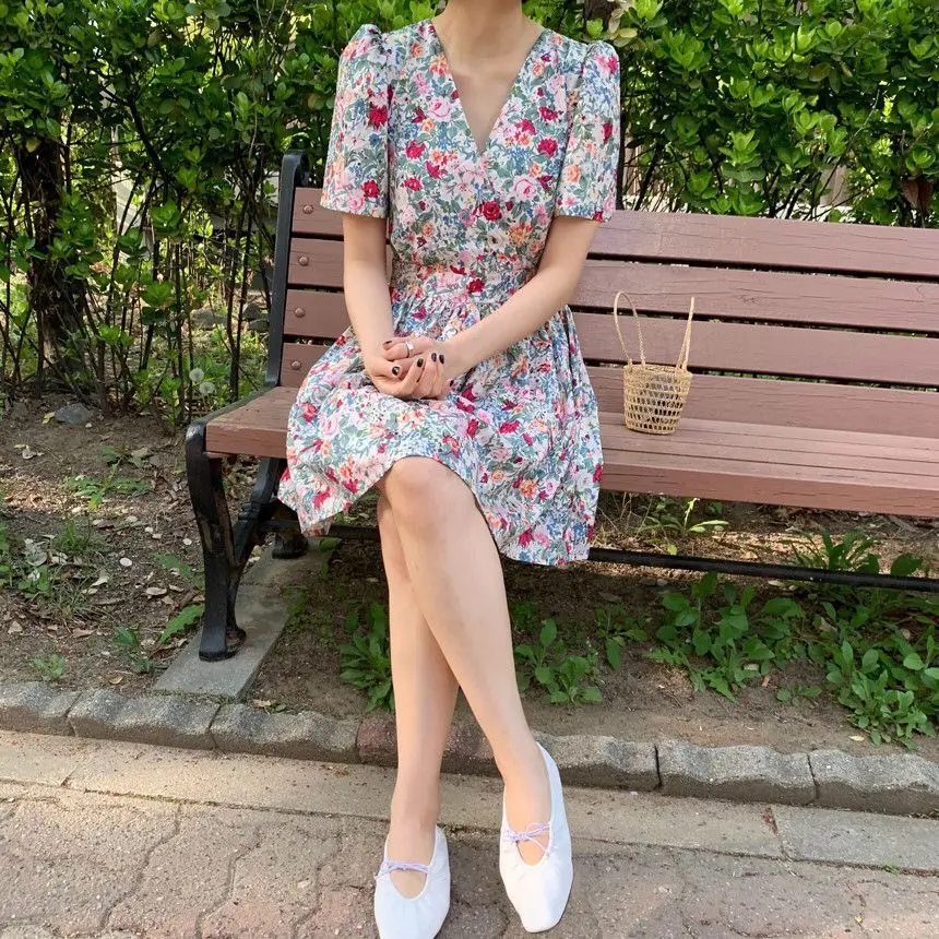 RUGOD женское Цветочное платье с v-образным вырезом, с коротким рукавом, а-силуэт, тонкое мини-платье, винтажное романтическое корейское стильное милое праздничное платье, Mujer
