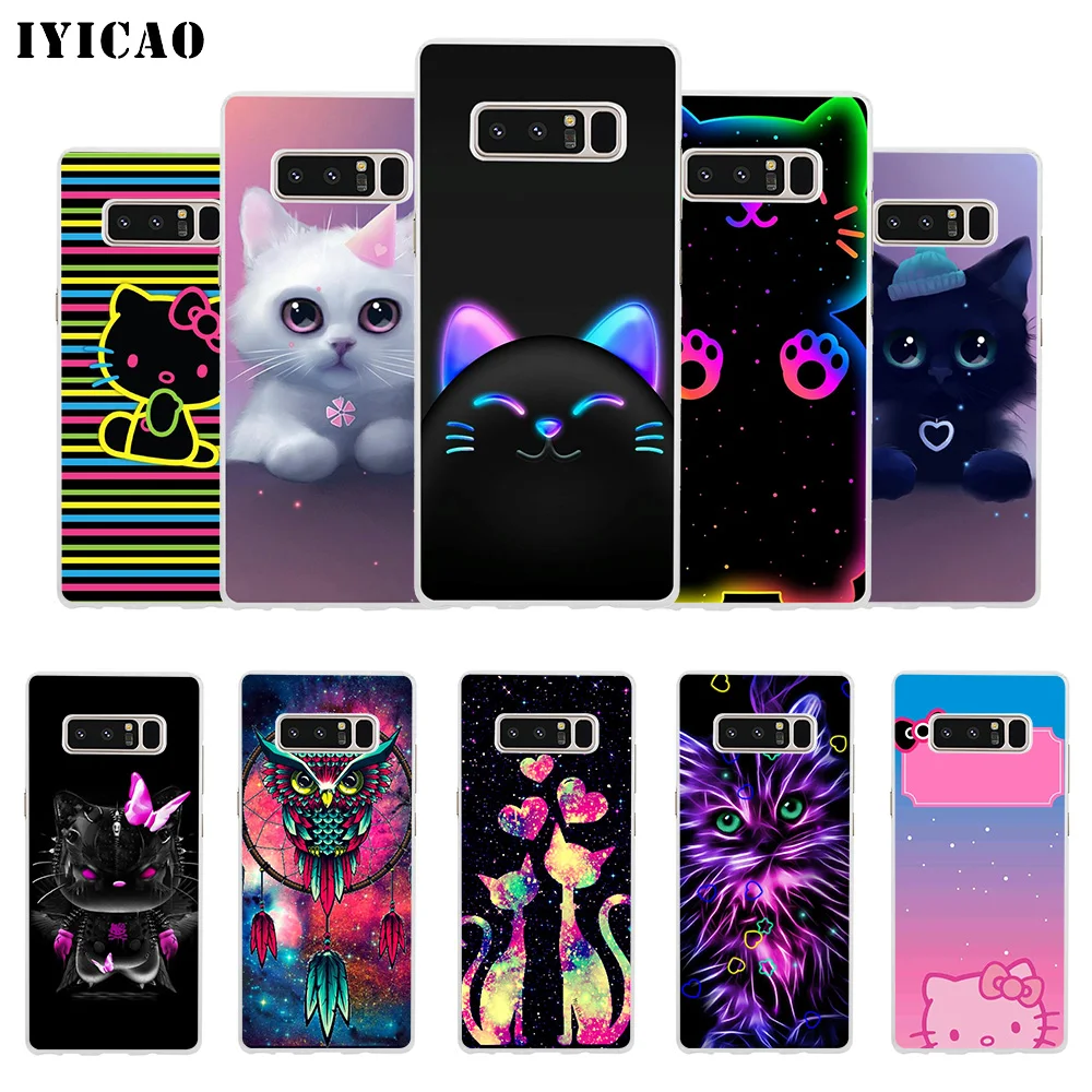 Мягкий силиконовый чехол для телефона IYICAO cute neon kitty Samsung A5 A6 Plus A7 A8 A9 J3 J5 J7 Note 8 9 TPU |