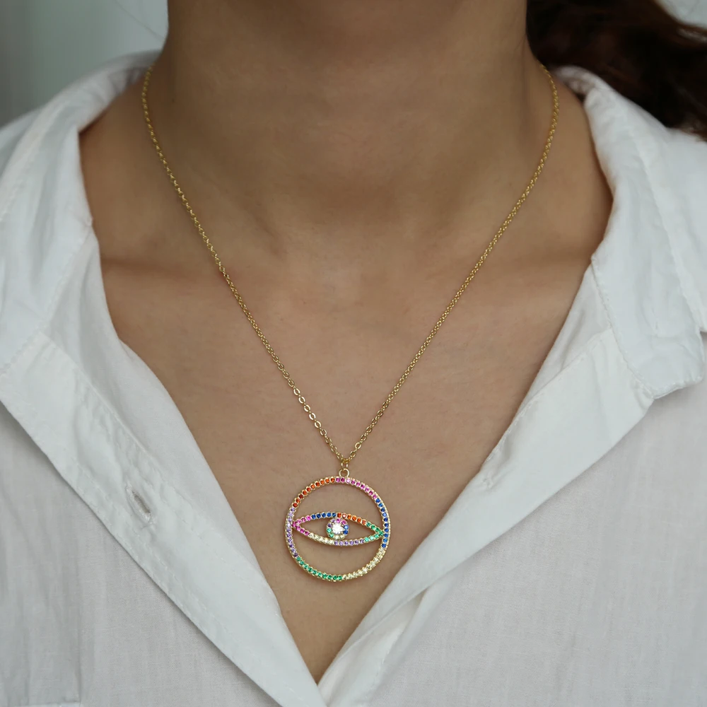 2021 New Arrived Gold Color Multi Rainbow Cz Zirconia Lucky Turkish Evil Eye Pendant Bohemia Women Fashion Necklace Jewels | Украшения и