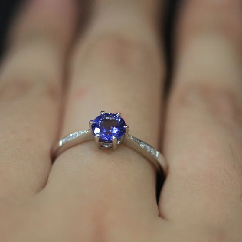 

DUPUY Women Classic Engagement Ring Round Cut Tanzanite Rings Prong Setting Diamond 14K White Gold Wedding Bands D180351