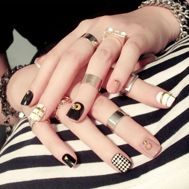 Золотые заклёпки/белые детали в сетку 24 шт. короткие накладные ногти с клеем