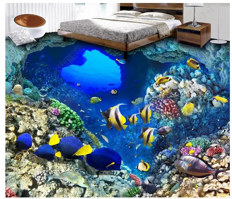 

Custom photo 3d flooring pvc self adhesive floor sea world cave tropical fish home decor living room wallpaper for walls 3 d