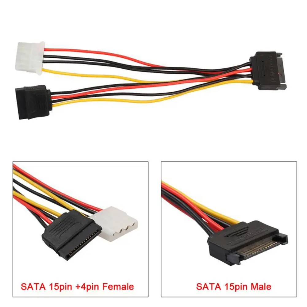 

1pcs 15Pin SATA Male to 4Pin IDE Molex Female + 15Pin SATA Female Power Cable