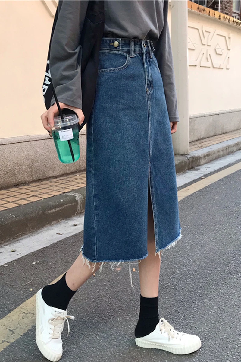 

2019 New Arrival Spring Autumn Leisure Denim Skirts Women Casual High Waist Split Hem Tassel Skirt Female Chic Classic Midi Saia
