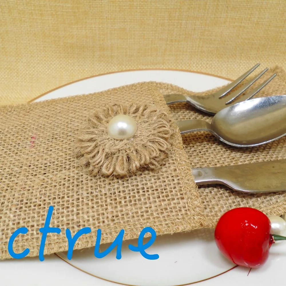 12 шт. цветочный дизайн Мешковина держатель для столового серебра столовых