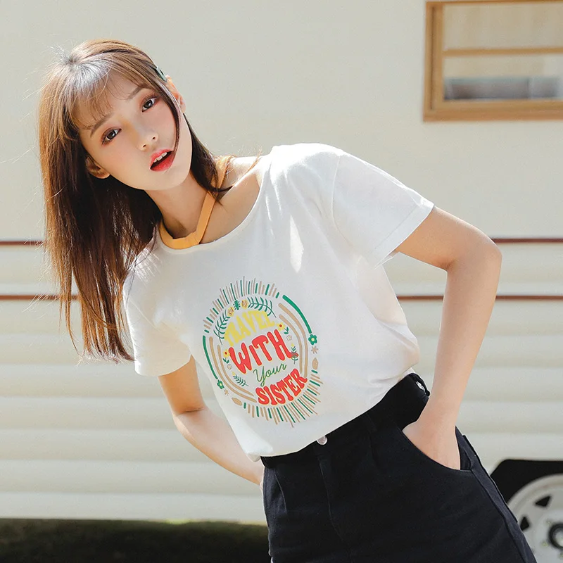 Милая Сексуальная футболка с коротким рукавом и открытым плечом одной стороны