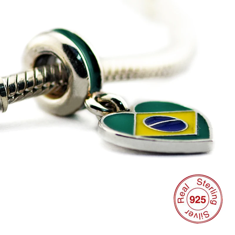 

Подходит для браслетов с бусинами CKK 100% _-серебряные украшения с бразильским сердцем и флагом с смешанной эмалью, бесплатная доставка