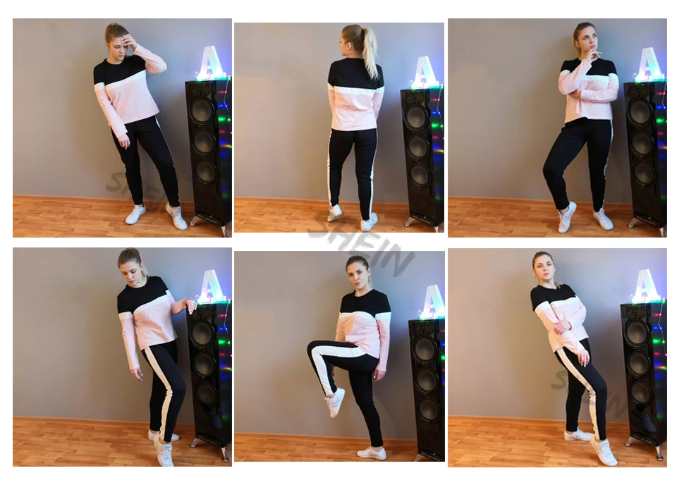 SHEIN Контрастный Топ И Брюки Комплект Женский Весенний Многоцветный Спортивный Топ С Длинными Рукавами И Брюки Комплект