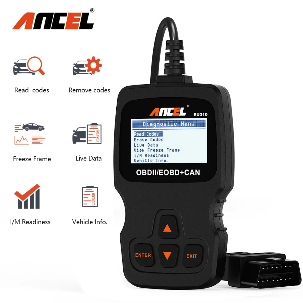 Ancel EU310 OBD2 сканер OBDII считыватель кодов неисправностей двигателя в 8 многоязычный
