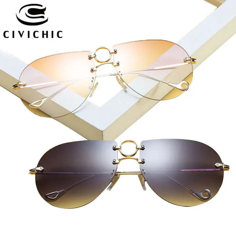 

CIVICHIC Top Fashion Men Women Sunglasses UV400 Oculos De Sol Classic Pilot Style Eyewear Hipster Rimless Gafas HD Lunettes E392