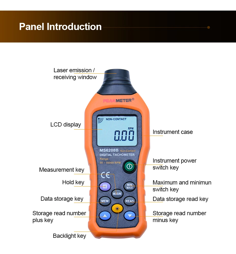 PEAKMETER MS6208A MS6208B высококачественный контакт/Бесконтактный цифровой тахометр rpm измеритель скорости 50~ 19999 измеритель об/мин и черный мешок
