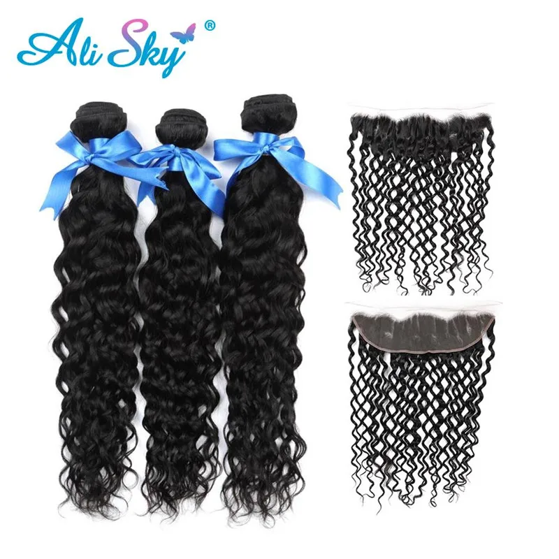 

Alisky Hair Peruvian Water Wave Remy Hair 3 Bundles with 13X4 Pre Plucked Lace Frontal Closure With Baby Hair Ear to Ear Weave