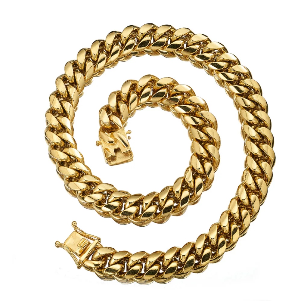 

Fashion New Miami Cuban Curb Link Chain 18mm Width Stainless Steel Gold Tone Necklace Or Bracelet Bangle Dragon Lock Clasp 7-40"