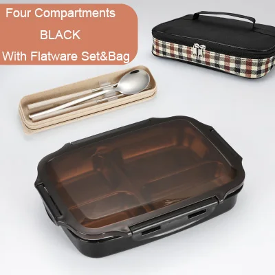 Black 4 Flatware Bag GLANYOMI 304 Ланч-бокс из нержавеющей стали с отделениями, бэнто-бокс для детей, школьников, пикников, контейнер для еды - Цвет: Black 4 Flatware Bag