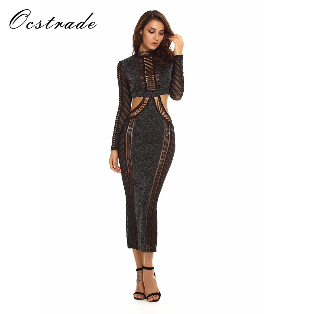 Ocstrade 2017 женское модное черное миди-платье с длинным рукавом выдалбливают Bodycon