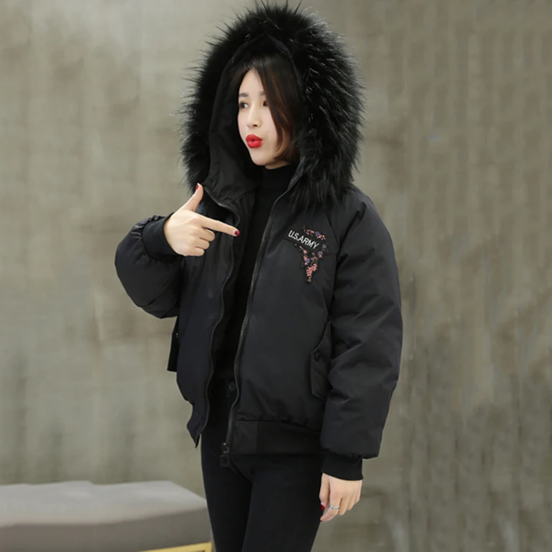 2018 зимняя куртка Повседневное меховой воротник вышивка Короткие пиджаки Большой