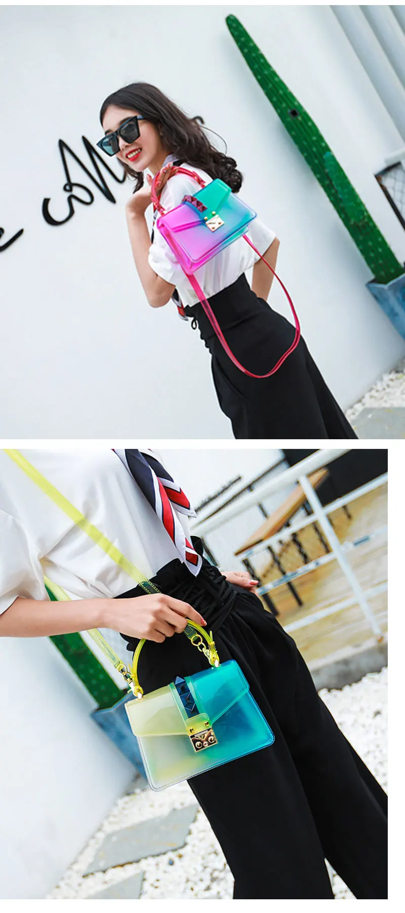 Transparent Satchel Handbag Gradients Color Clear Jelly Transparent PVC Rivets Candy Color Tote Bags Crossbody Messenger Bag